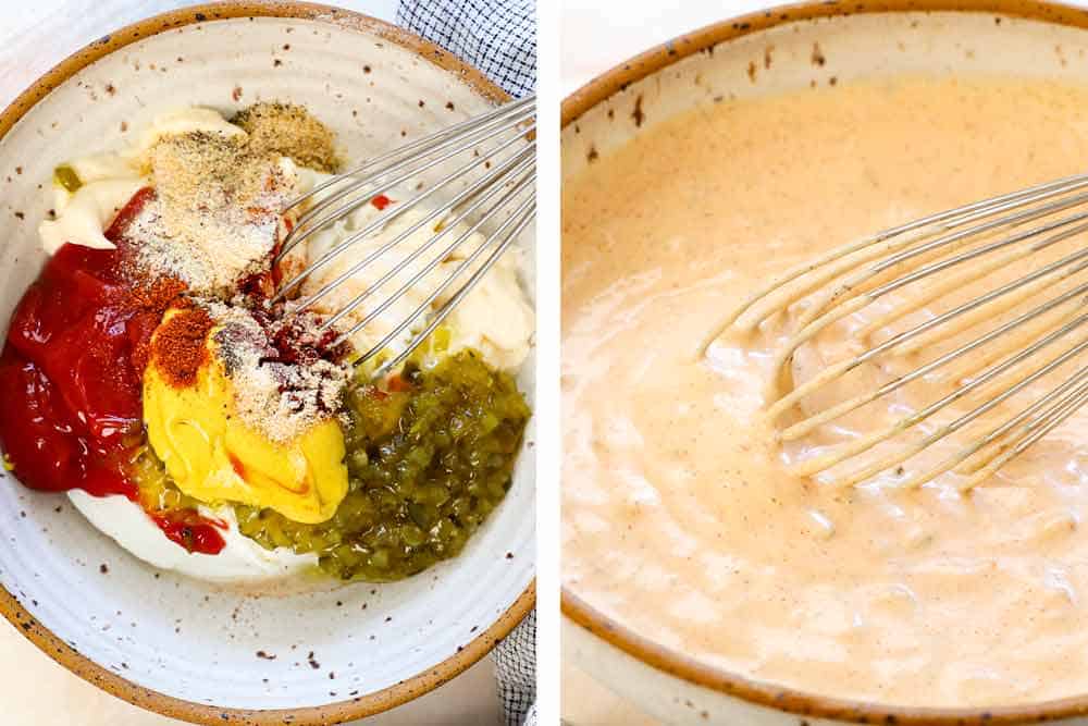 showing how to make burger bowls by whisking the burger sauce ingredients together