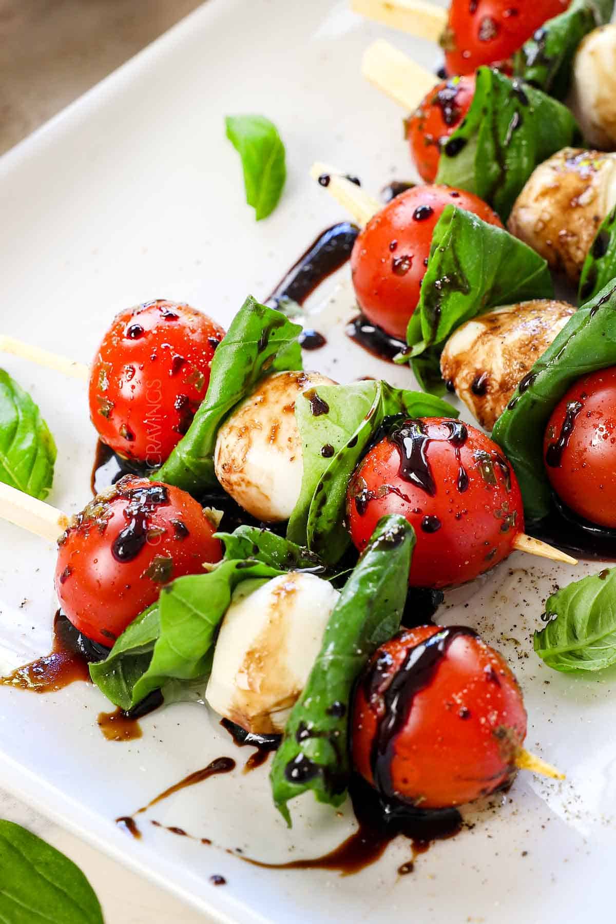 up close Caprese salad skewers showing how fresh the ingredients are
