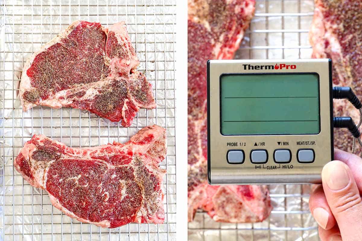 a collage showing how to reverse sear steak by dry brining on a wire rack placed over a baking sheet and baking with an insterted digital probe thermometer