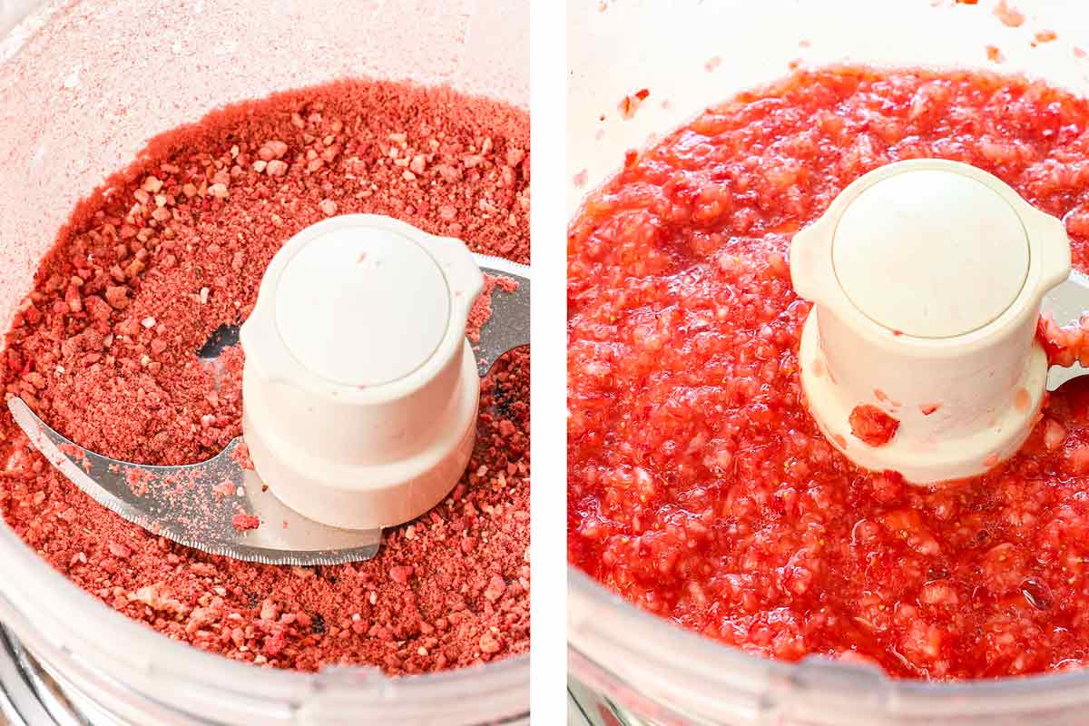 a collage showing how to make strawberry cake by pulsing the freeze dried strawberries into powder, then pureeing the fresh strawberries in a food processor