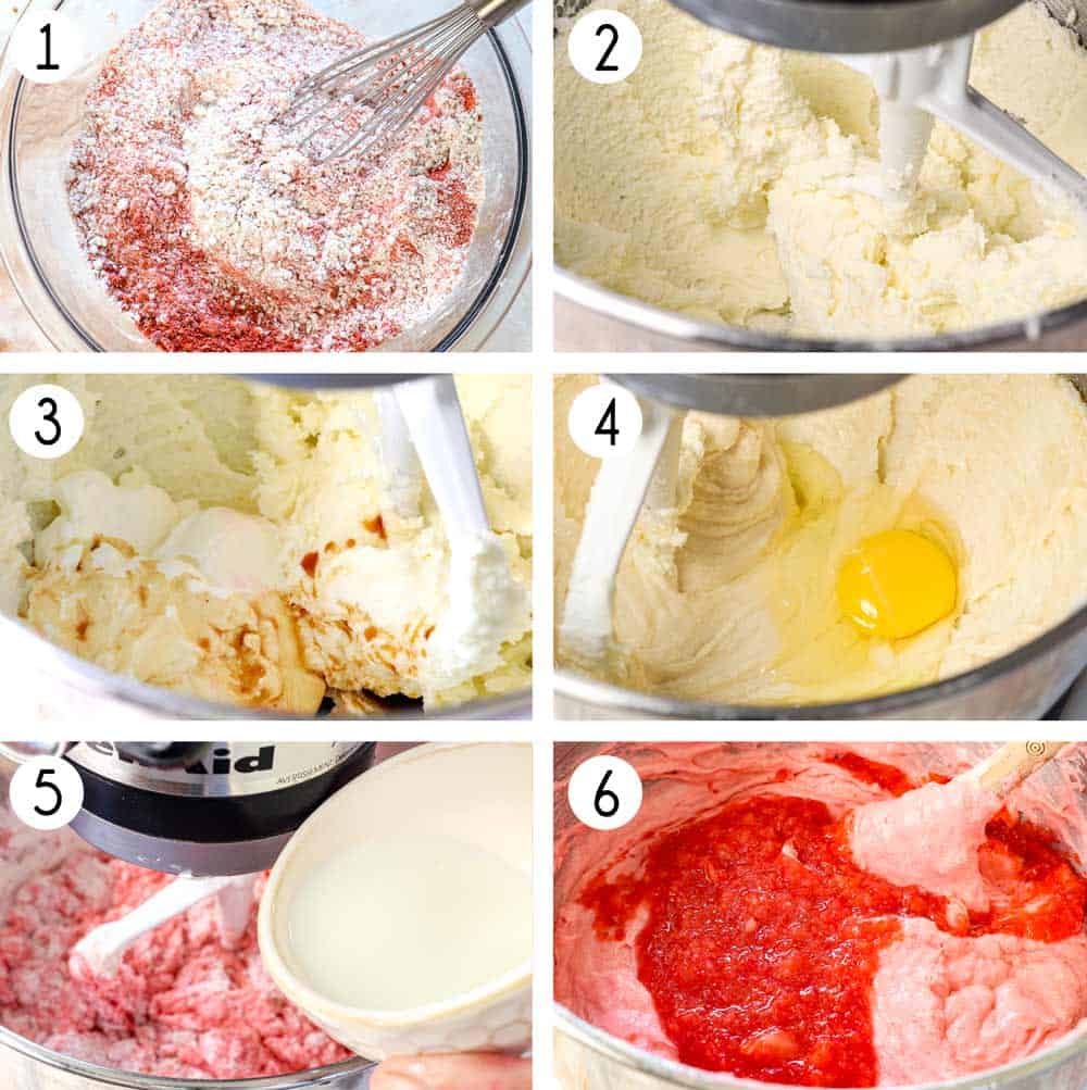 a collage showing how to make strawberry cake by 1. mixing cake flour, ground freeze dried strawberries, strawberry Jell-O, salt, baking powder and baking soda together, 2. creaming the butter and sugar together with a mixer, 3. beating in the sour cream, vegetable oil, and vanilla extract, 4. beating in the eggs and egg yolks, 5. adding the dry ingredients alternating with the mil, 6. mixing until combined