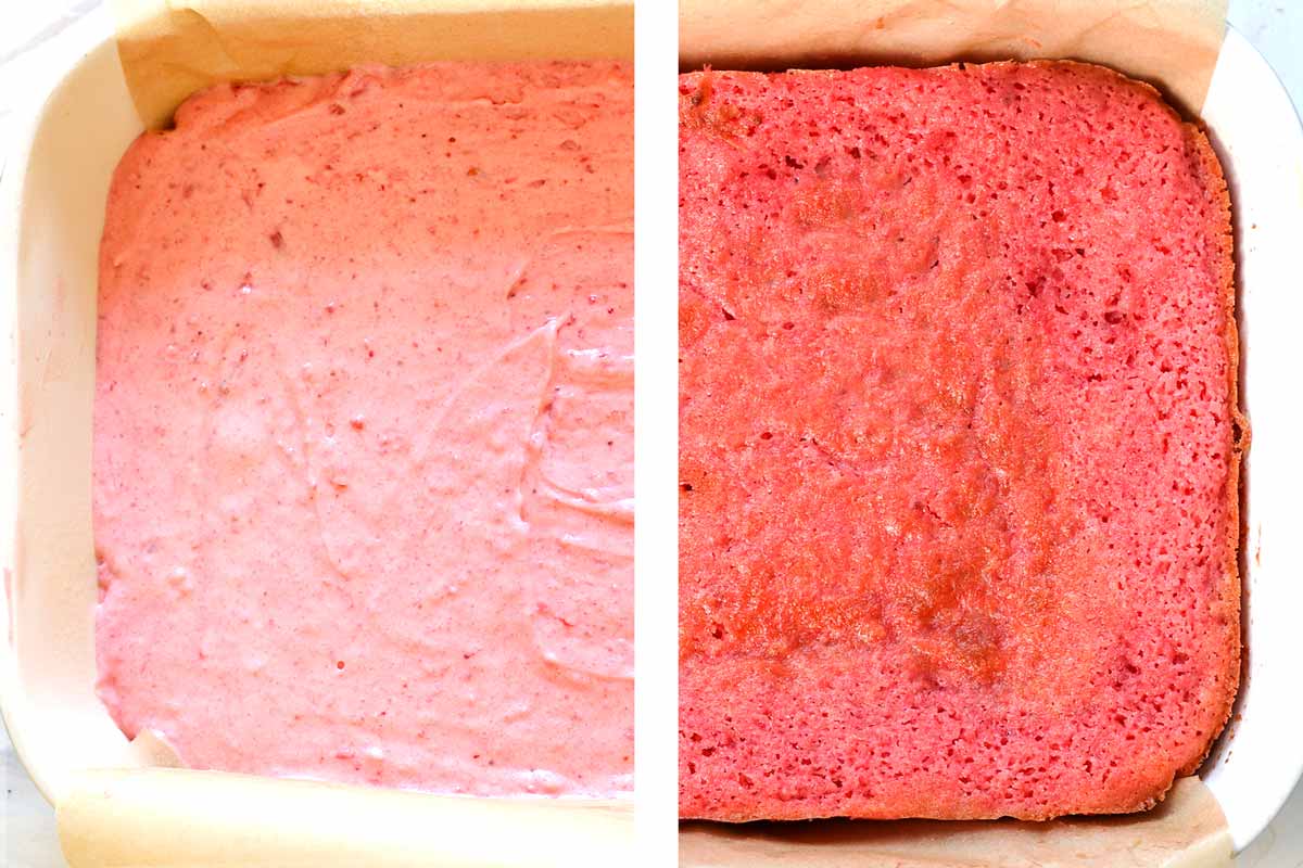 a collage showing how to make strawberry cake by adding the batter to the pan, then baking until done