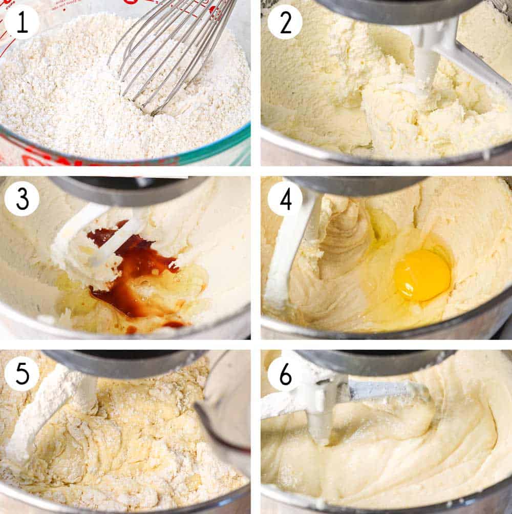 a collage showing how to make yellow cake by 1. mixing cake flour, salt, baking powder and baking soda together, 2. creaming the butter and sugar together with a mixer, 3. beating in the sour cream, vegetable oil, and vanilla extract, 4. beating in the eggs and egg yolks, 5. adding the dry ingredients alternating with the mil, 6. mixing until combined