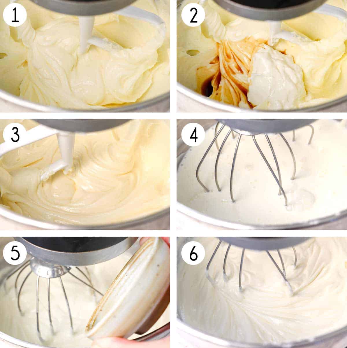 a collage showing how to make strawberry pretzel salad recipe by 1. beating the cream cheese and sugar together. 2. Beating in the sour cream, vanilla, and lemon juice until creamy. 3. Adding the heavy cream and beating to soft peaks. 4. Adding the gelatin. 5. Beating to medium stiff peaks