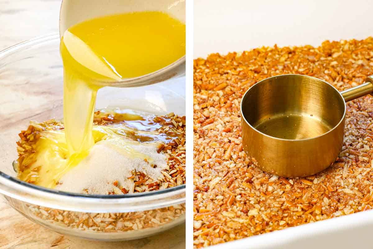showing how to make Strawberry Pretzel Salad by combining crushed pretzels, sugar, and melted butter in a bowl to combine, then pressing into a 9x13 pan