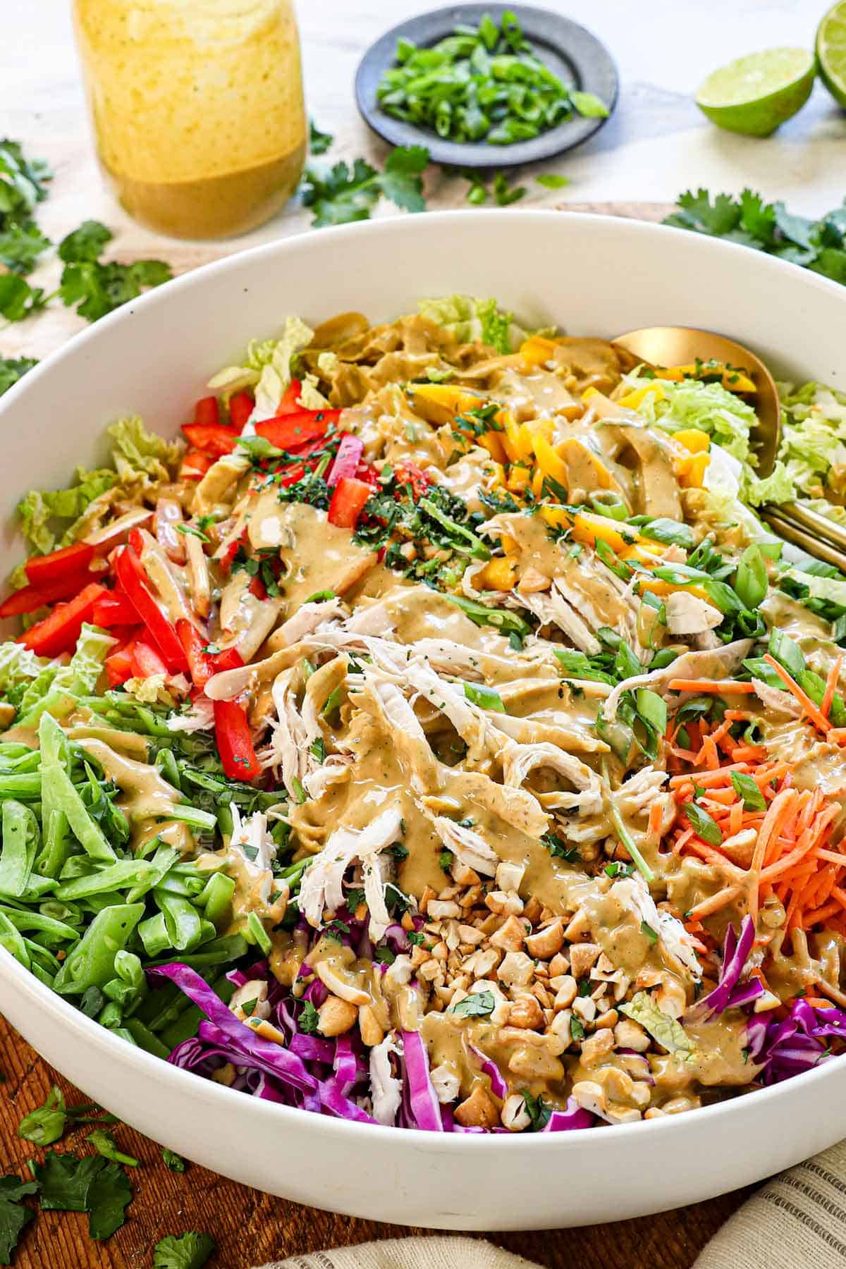 Thai Chicken salad recipe drizzled with Thai peanut dressing