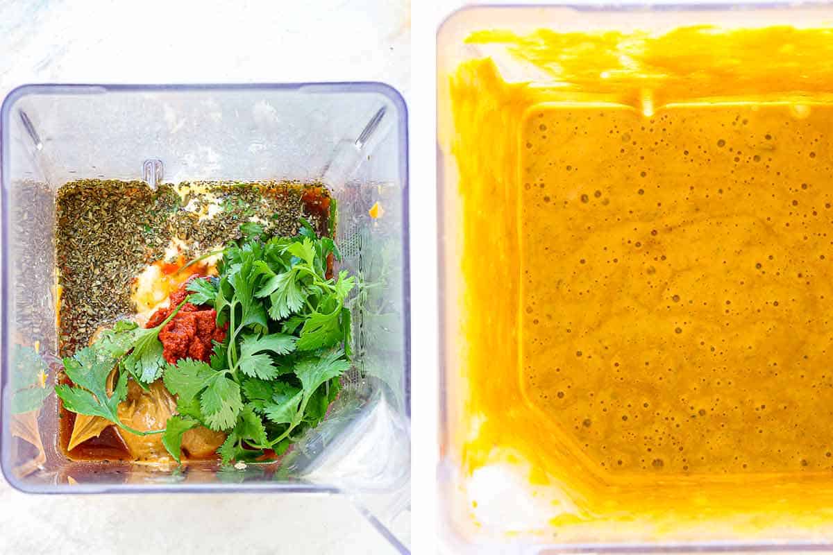 showing how to make Thai Chicken Salad by adding the Thai peanut salad dressing ingredients to a blender: peanut butter, red curry paste, soy sauce, cilantro, basil, coconut yogurt, garlic