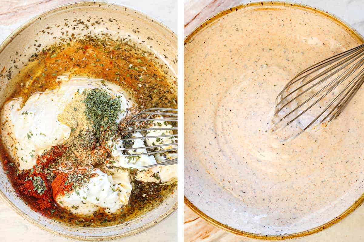 showing how to make grinder salad recipe by whisking together mayonnaise, Greek yogurt, olive oil, red wine vinegar, pepperoncini juice, garlic powder, dried oregano, dried basil, dried parsley, salt and pepper, and paprika
