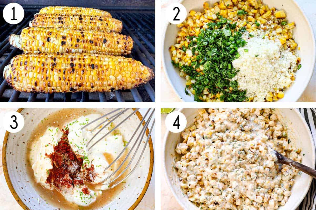 a collage showing how to make street corn chicken rice bowls by 1: roasting the corn, 2. combining the corn, cilantro, cotija, garlic, and jalapeno in a bowl, 3. whisking the mayonnaise, sour cream, lime juice, lime zest and spices together in a bowl, 4. combining the elote sauce with the corn mixture