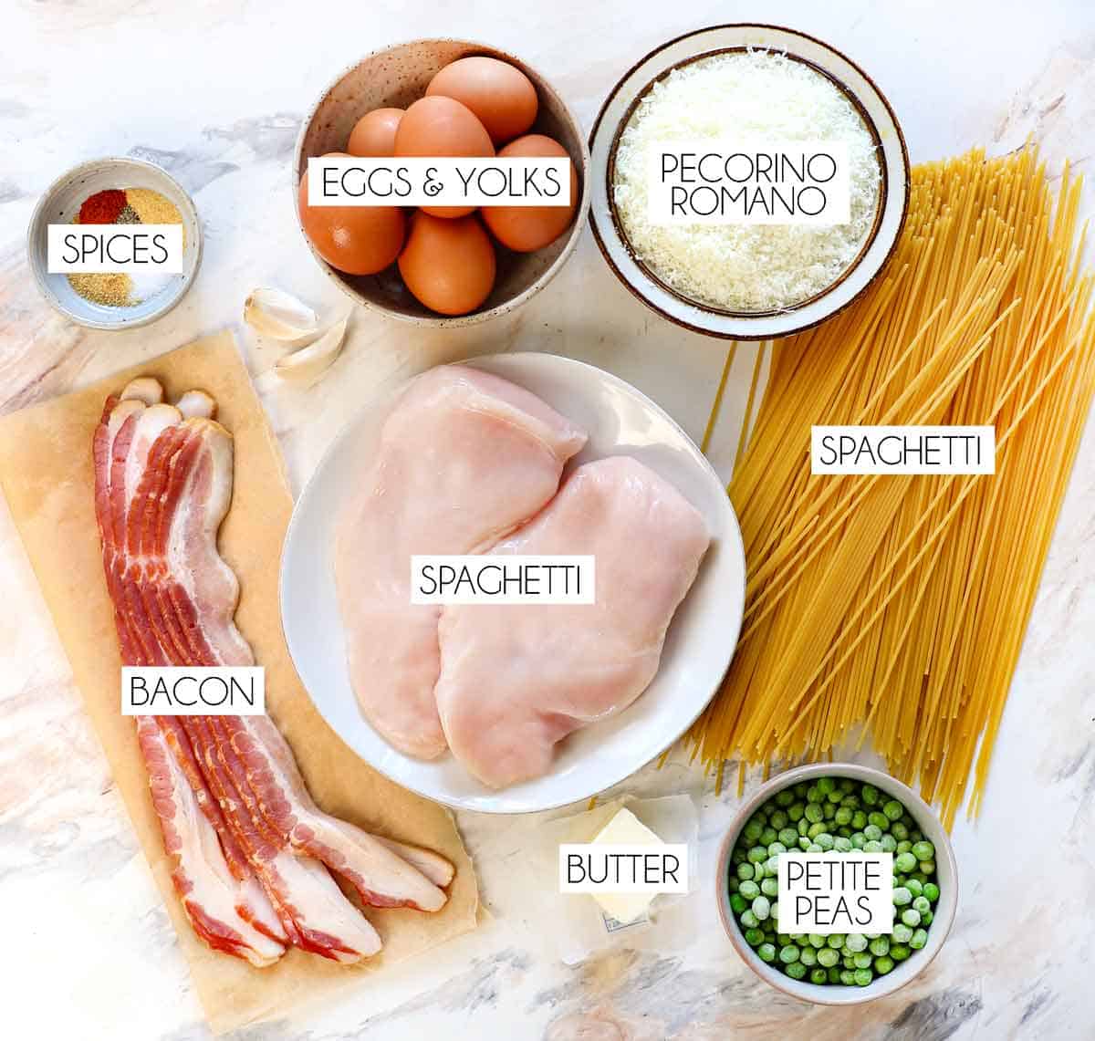 top view of chicken carbonara ingredients: chicken, spaghetti, eggs, Pecorino Romano, bacon, peas, spices