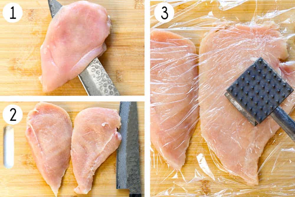 showing how to make Chicken Carbonara by slicing the chicken breasts in half then pounding it to an even thickness