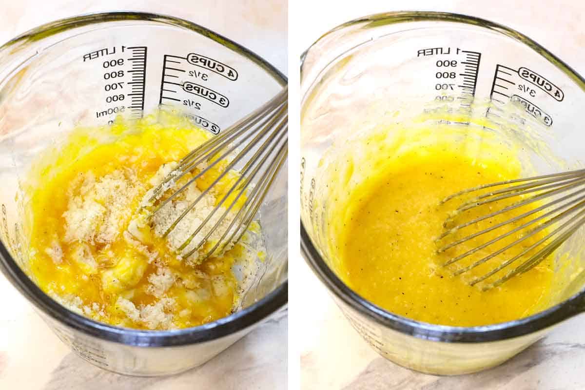 showing how to make chicken carbonara by mixing the Pecorino Romano eggs, egg yolks, pepper, and red pepper flakes together in a liquid measuring cup