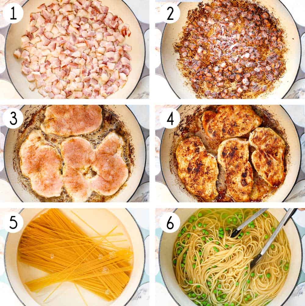 a collage showing how to make chicken carbonara by cooking the bacon until crispy, then cooking the chicken in the drippings, and cooking the spaghetti in a separate pot in shallow water
