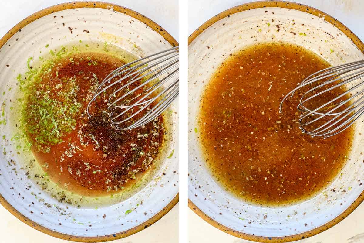 showing how to make Dense Bean Salad by whisking the dressing ingredients together in a bowl