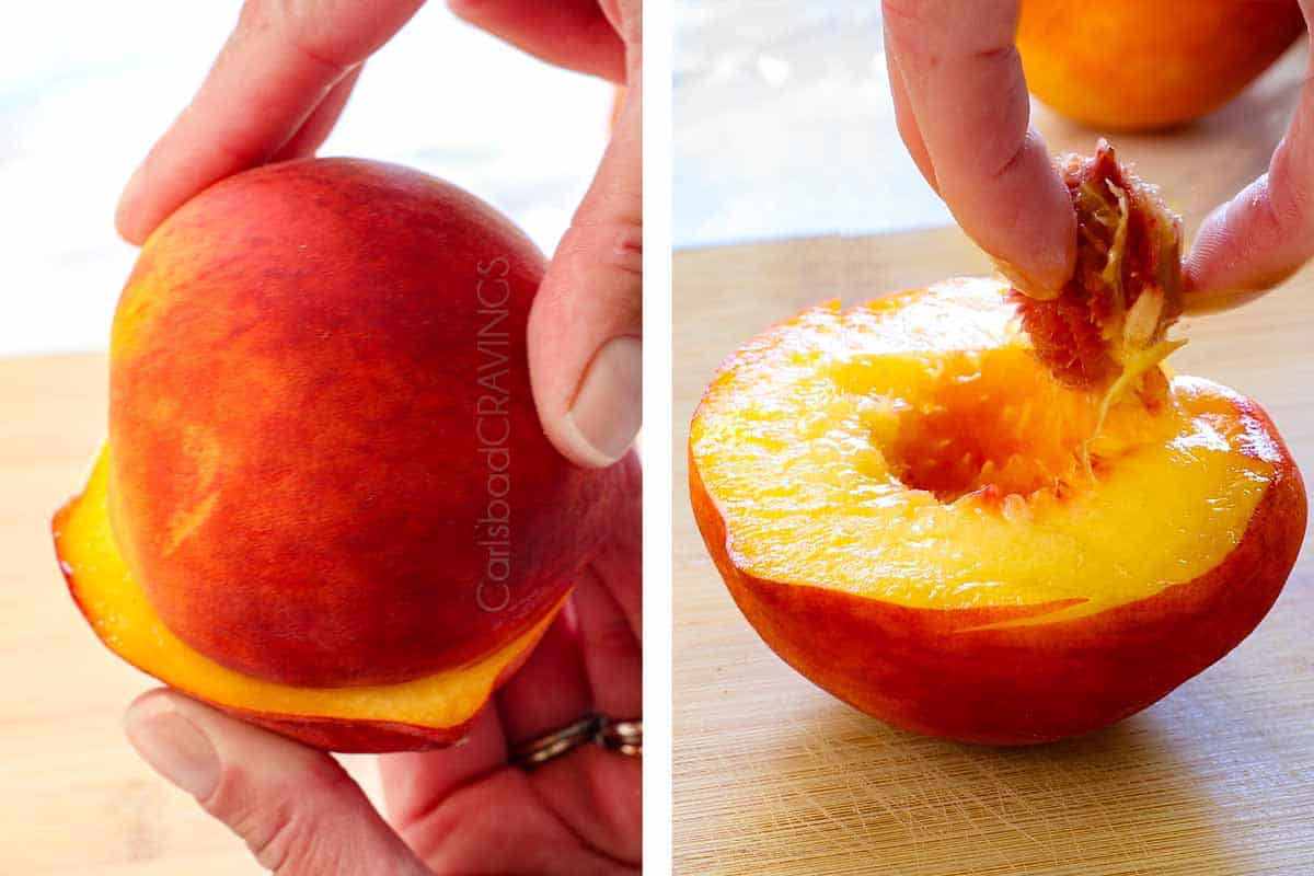 a collage showing how to make grilled peaches by cutting them in half, twisting to separate, then removing the pit