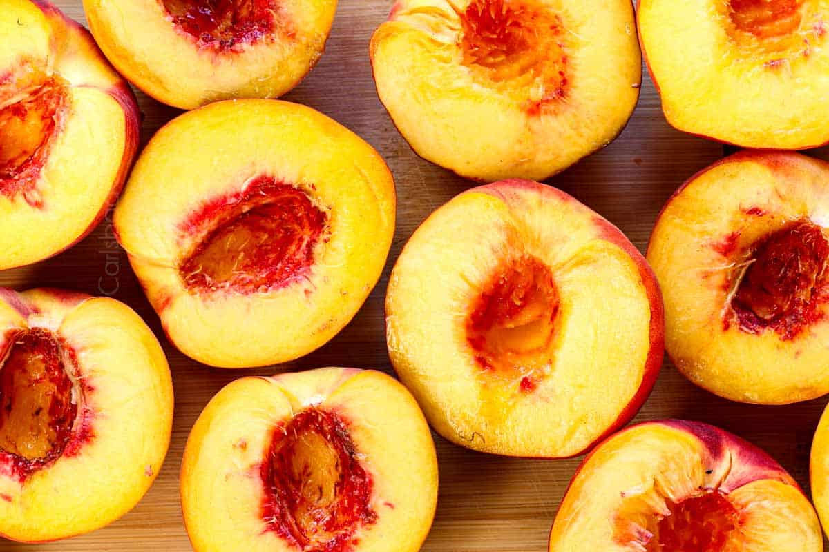top view showing the peaches halved and without the pits
