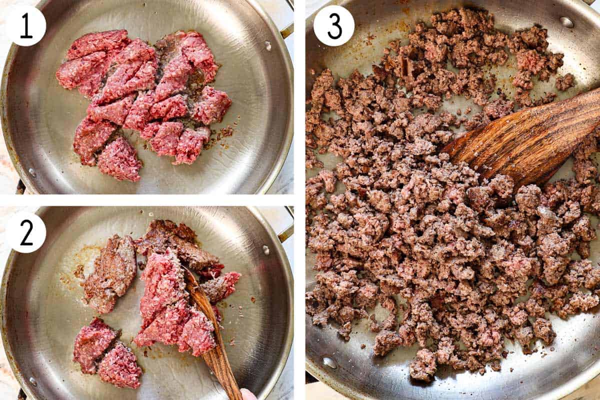 a collage showing how to make ground beef and broccoli recipe by searing the ground beef, flipping over, then cooking and crumbling until almost cooked through but still a little pink