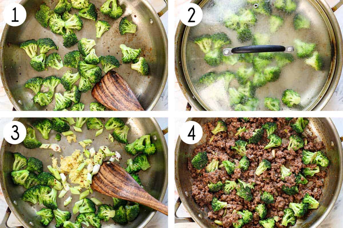 a collage showing how to make beef and broccoli by stir frying the broccoli, adding chicken broth and steaming, sauteing garlic, ginger, green onins, and red pepper flakes, then adding the sauce and simmering to thicken