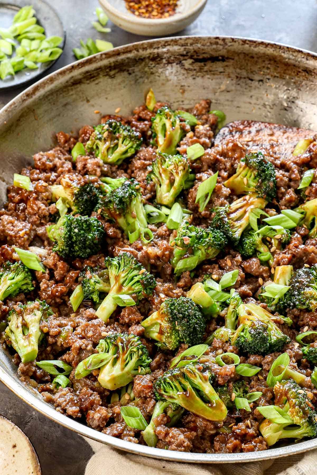 ground beef and broccoli in a skillet showing the bright, perfectly cooked broccoli and tender beef