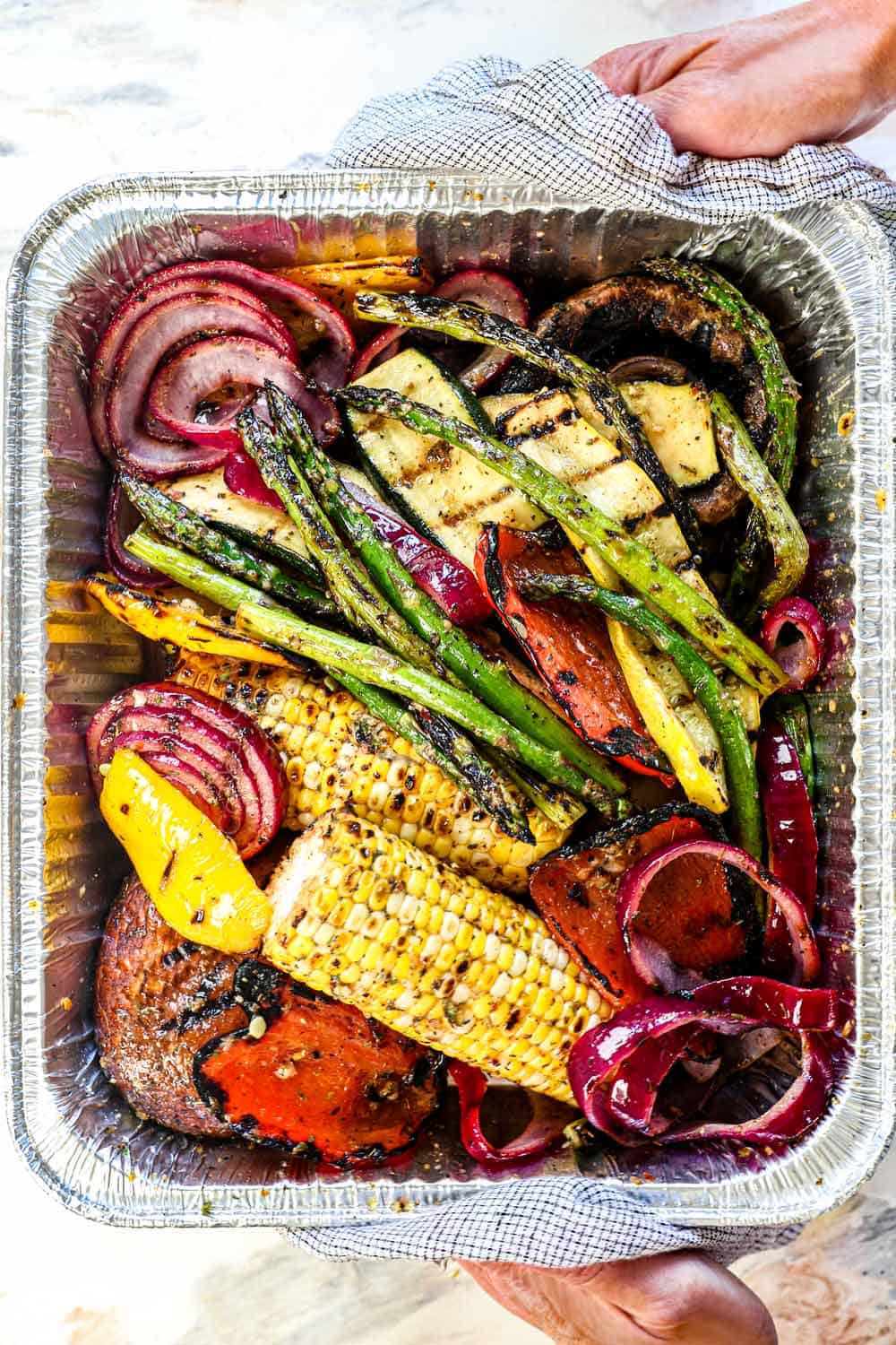 grilled vegetables in large serving container