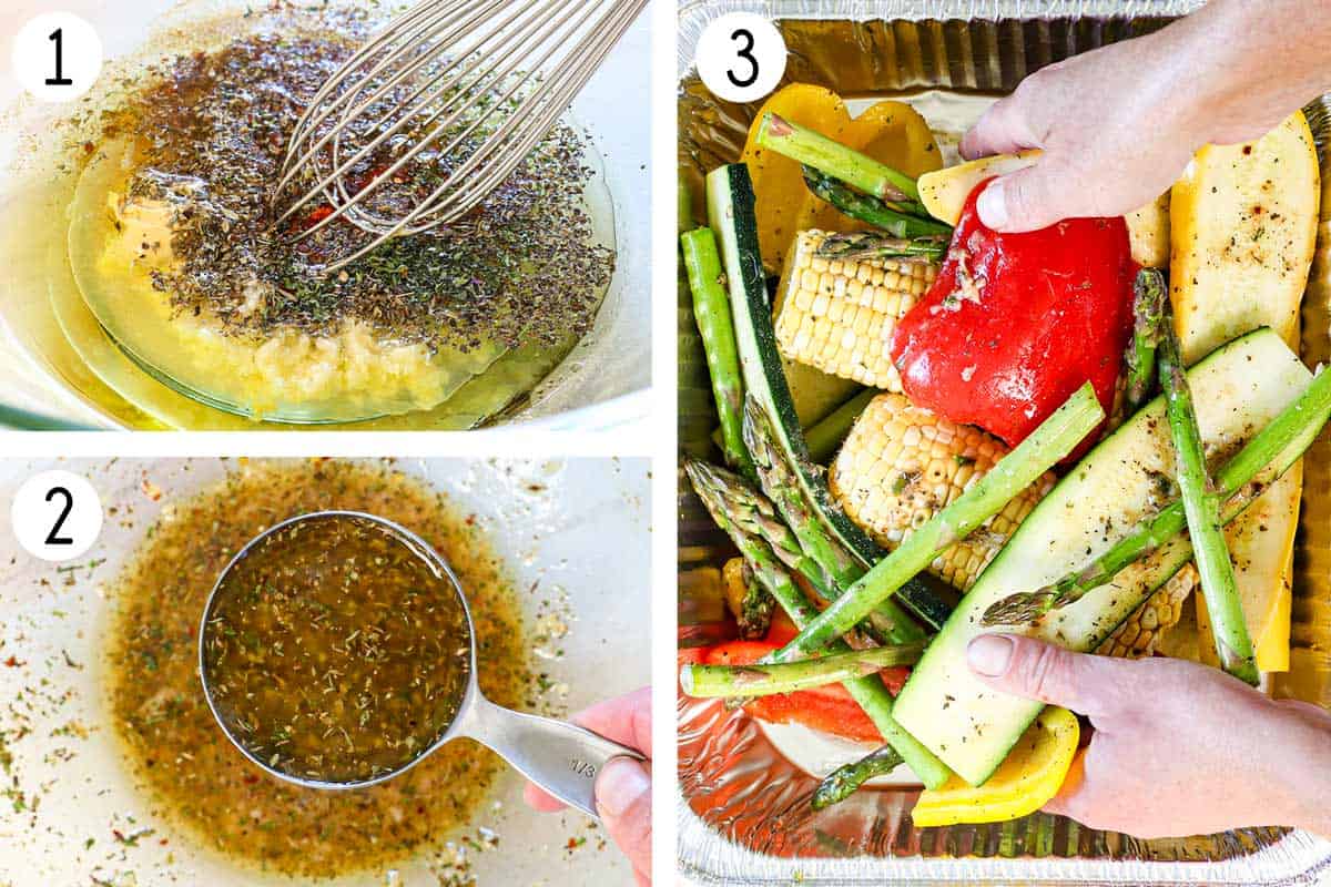 a collage showing how to grill vegetables by whisking the lemon garlic marinade together, reserving ⅓ cup, then tossing it with the vegetables