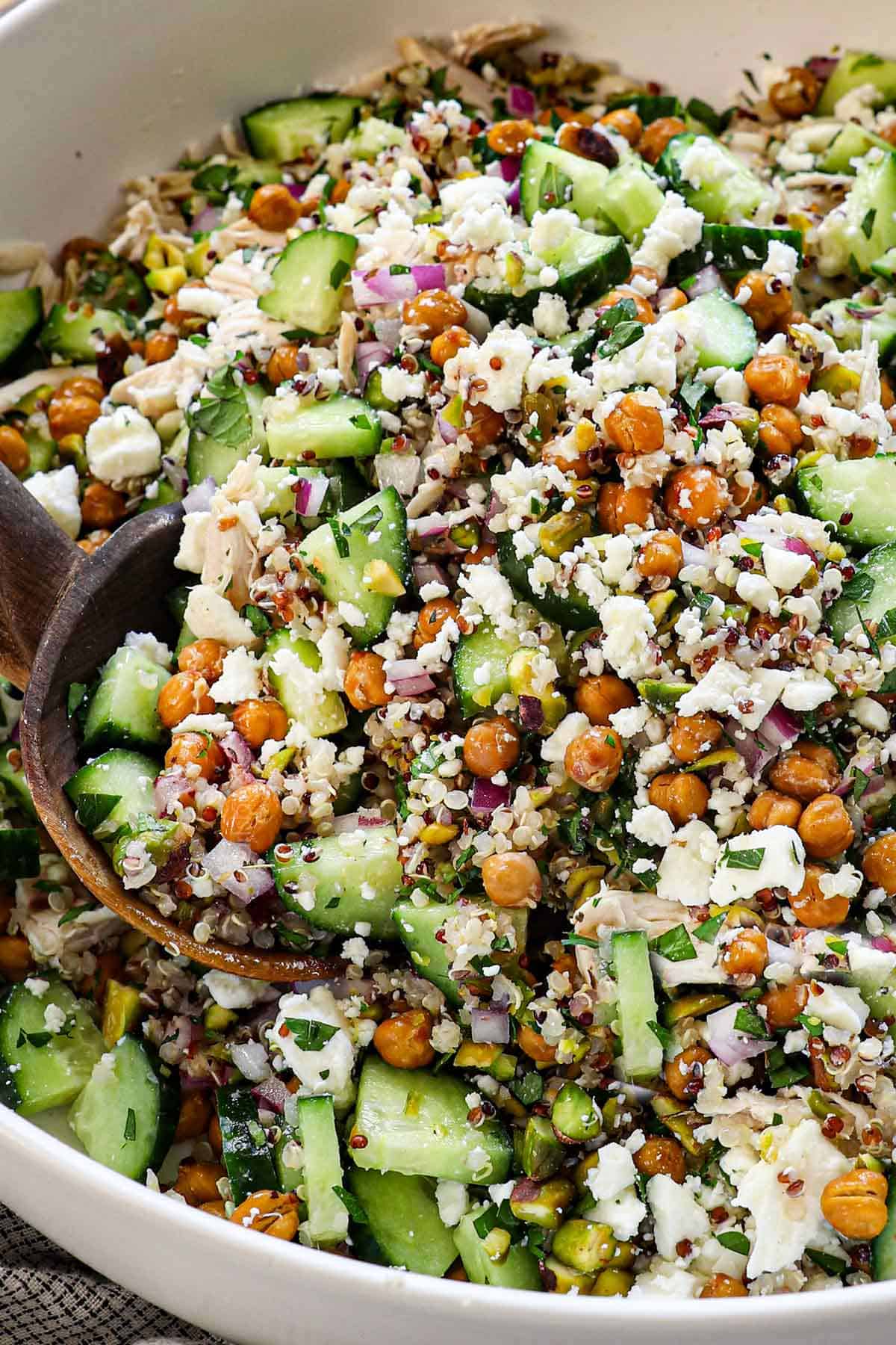 up close of Jennifer Aniston quinoa salad showing the tossed ingredients