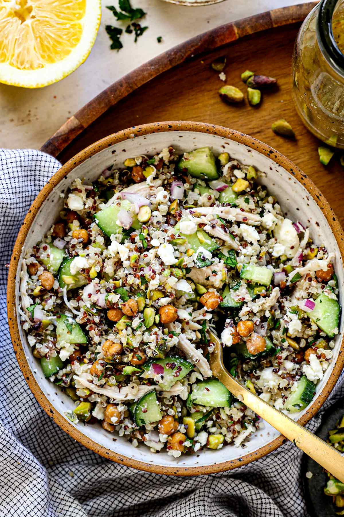 top view of Jennifer Aniston chickpea salad in a small bowl with a fork, ready to eat