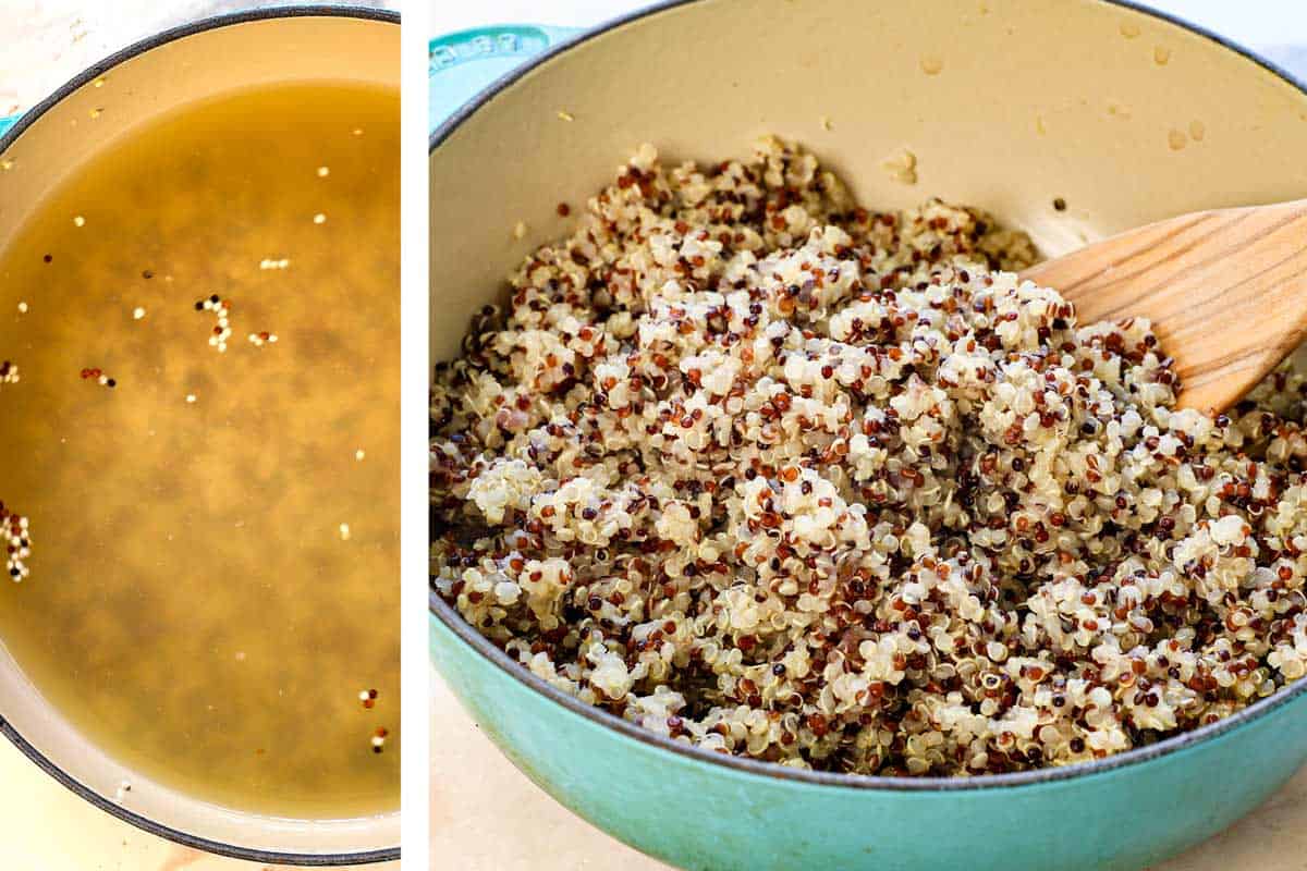 a collage showing how to make Jennifer Aniston Salad by simmering the quinoa in chicken broth until fluffy