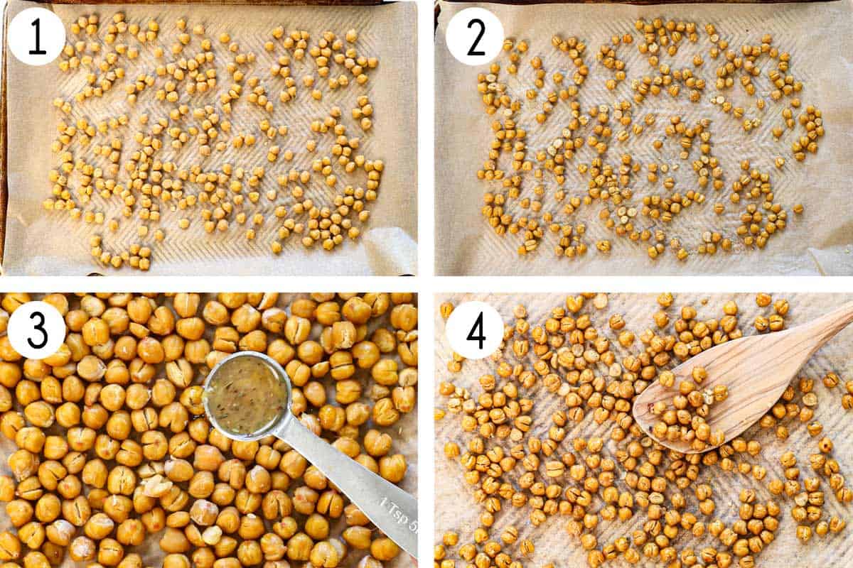 a collage showing how to make Jennifer Aniston salad by roasting the chickpeas without oil for 15 minutes, then adding 1 teaspoon lemon dressing, then roasting another 15 minutes until crispy