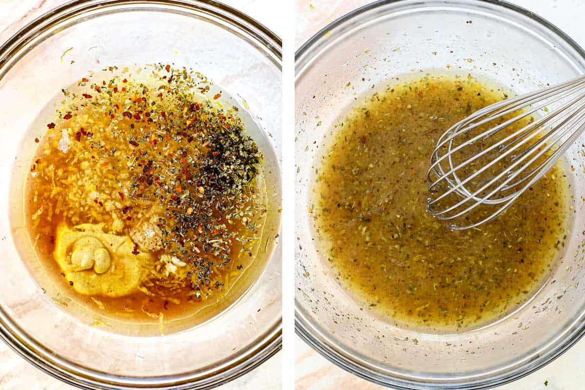 showing how to make Jennifer Aniston Salad recipe by adding olive oil, Dijon, lemon juice, honey and spices to a bowl and whisking to combine to make the Lemon Dressing