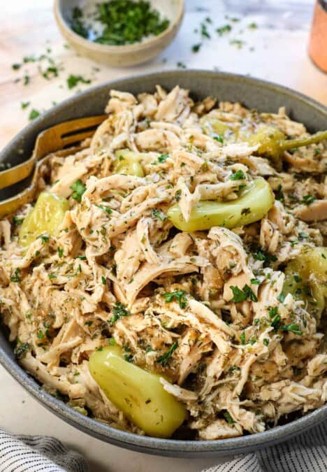 showing how to serve Mississippi Chicken in serving bowl