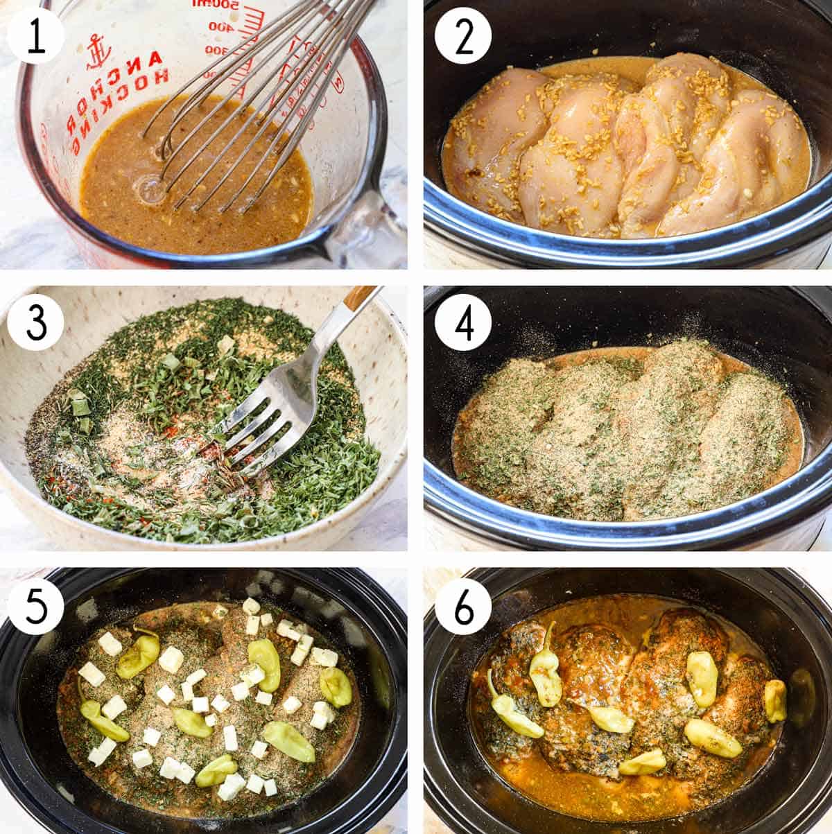 a collage showing how to make Mississippi Chicken by 1:whisking the gravy ingredients together in a liquid measuring cup, 2. pouring the gravy over the chicken in the crockpot, 3. whisking the homemade seasonings spice blend together, 4. sprinkling the seasonings over the chicken, 5. adding butter and pepperoncini over the chicken, 6. cooking until the chicken is tender enough to shred