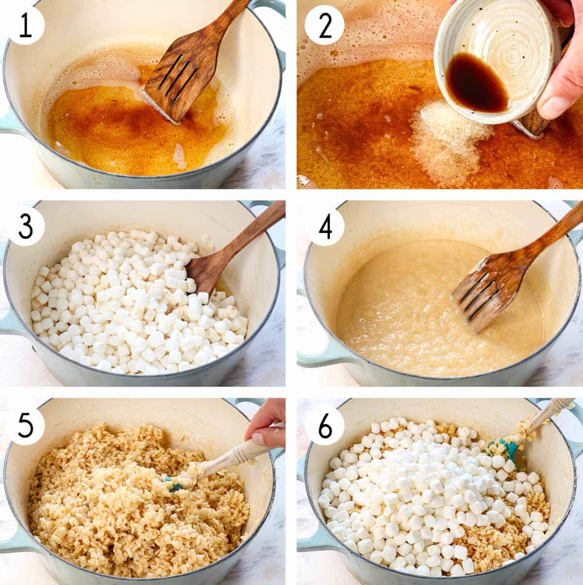 a collage showing how ot make rice krispie treats by 1. browning the butter in a large Dutch oven, 2. adding the salt and vanilla, 3. adding the marshmallows, 4. melting the marshmallows, 5. stirring in the Rice Krispie cereal until combined, 6. adding more marshmallows