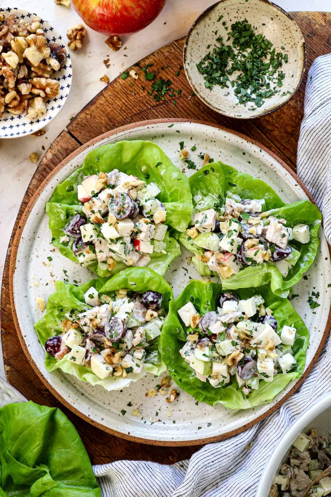 top view of showing how to serve waldorf salad recipe in lettuce wraps