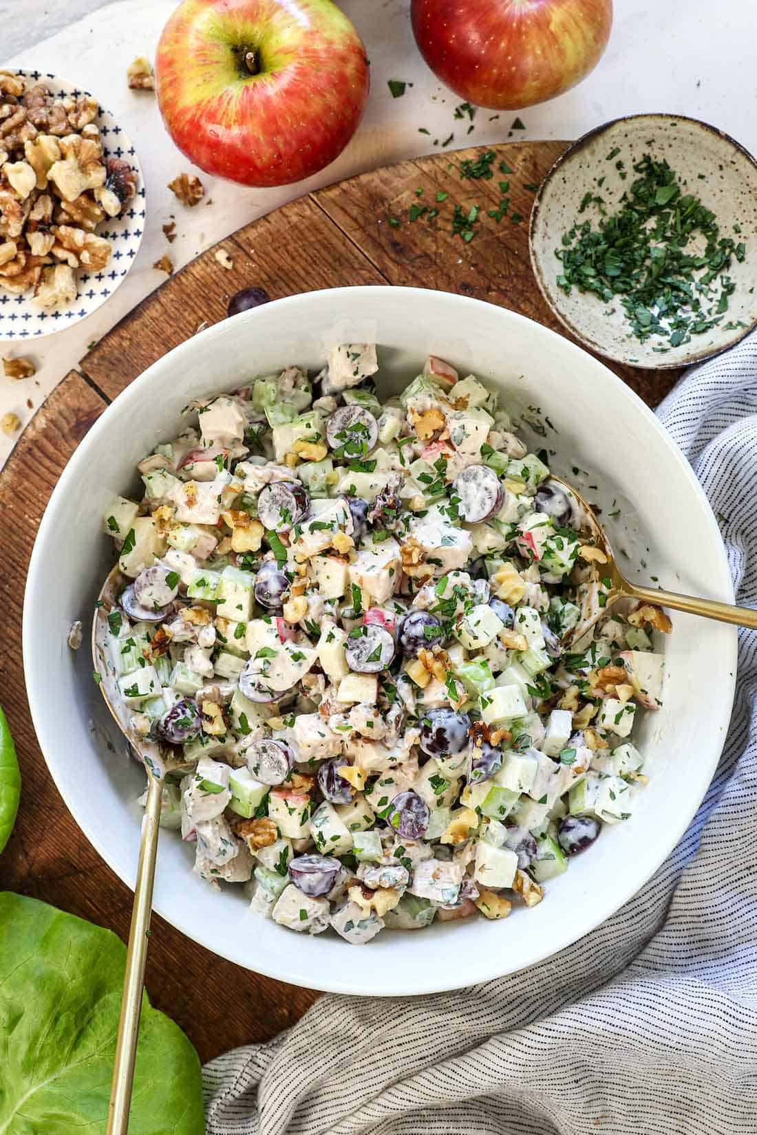 top view of American waldorf salad in a bowl