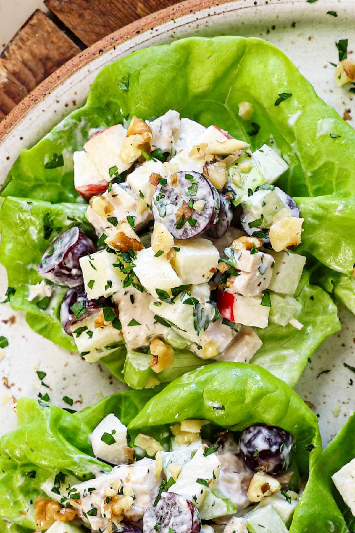 top up close view of recipe for waldorf salad served in bibb lettuce