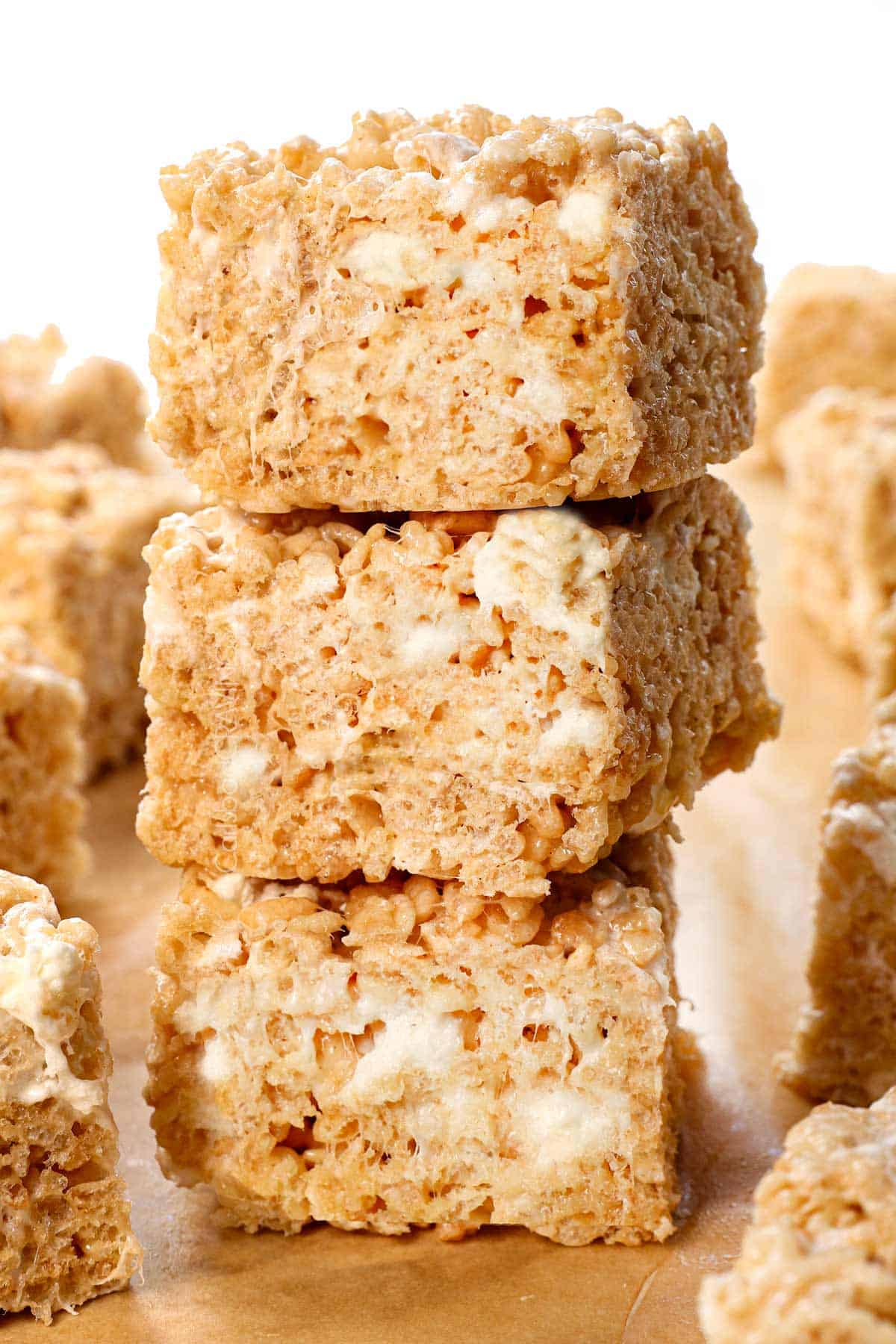 a stack of rice Krispie treats showing how thick and chewy they are