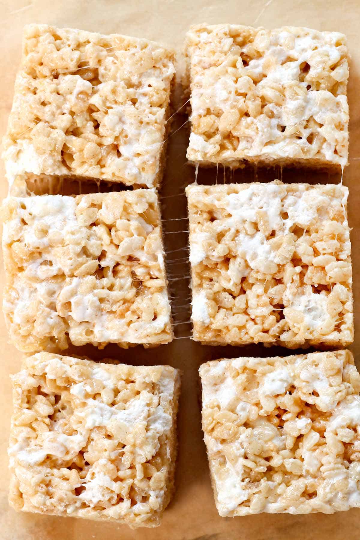 showing how to make rice Krispie treats recipe by cutting into squares