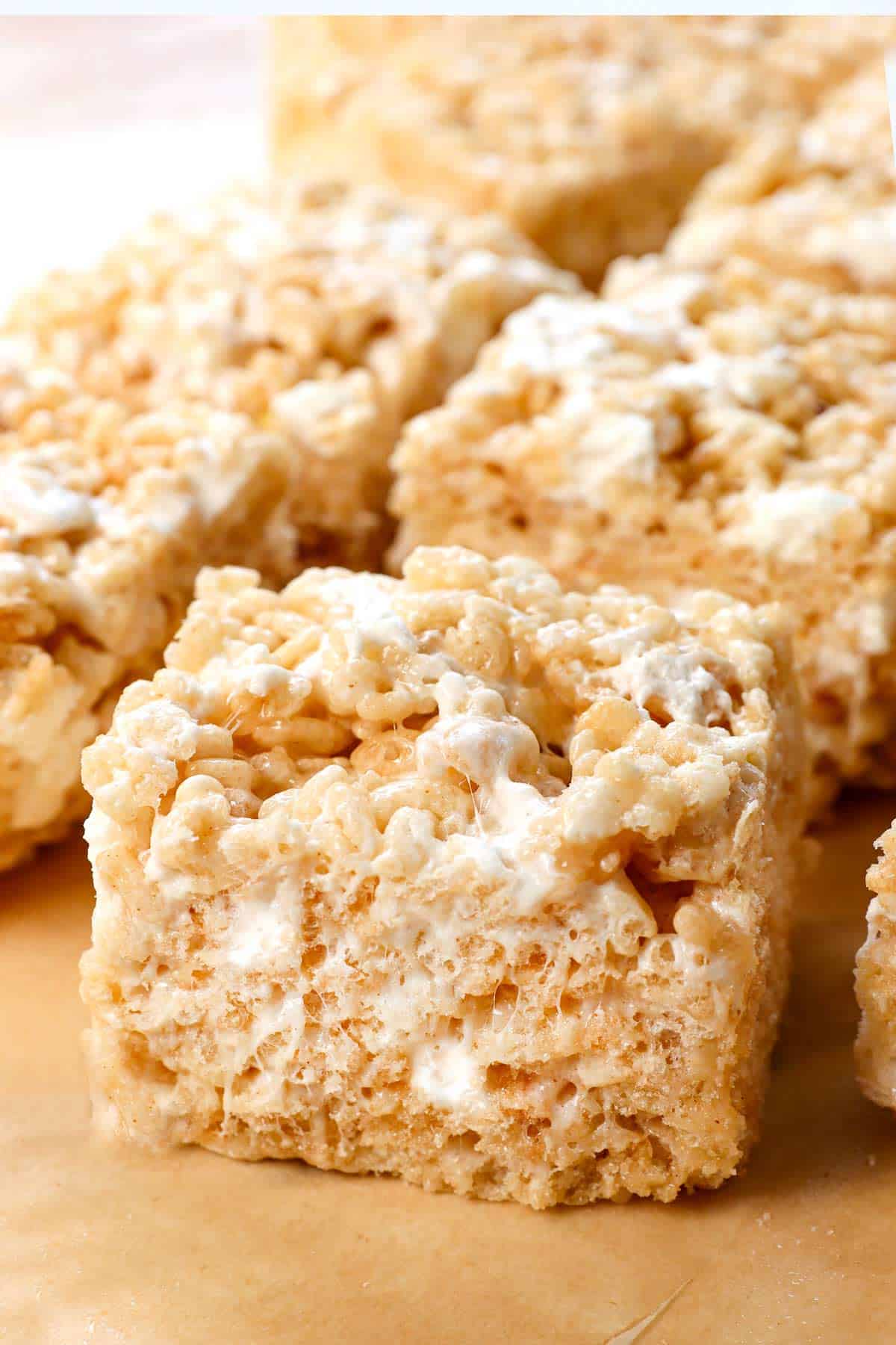 up close of a rice Krispie treat showing how chewy it is