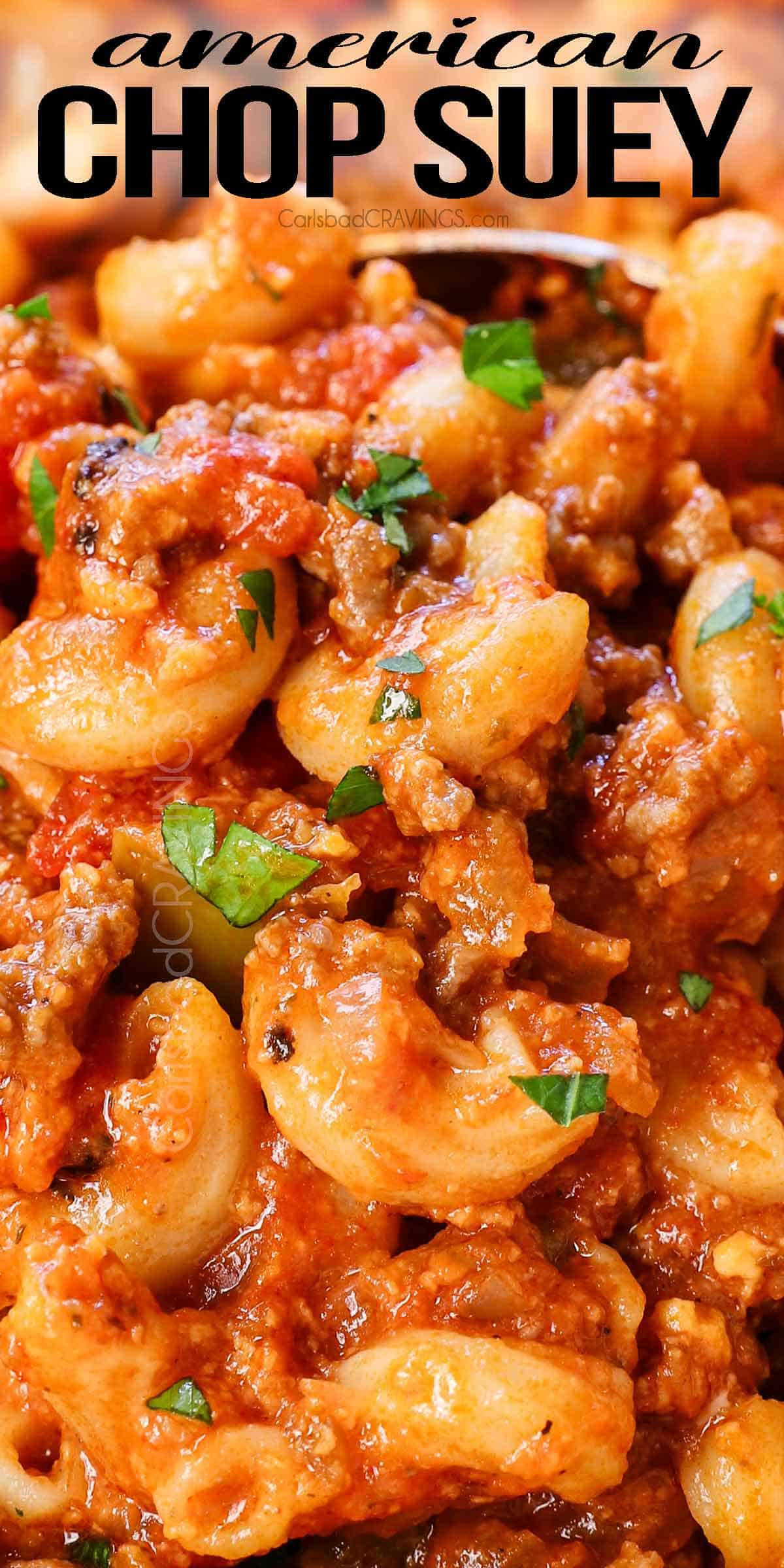 up close of American Chop Suey showing how saucy it is