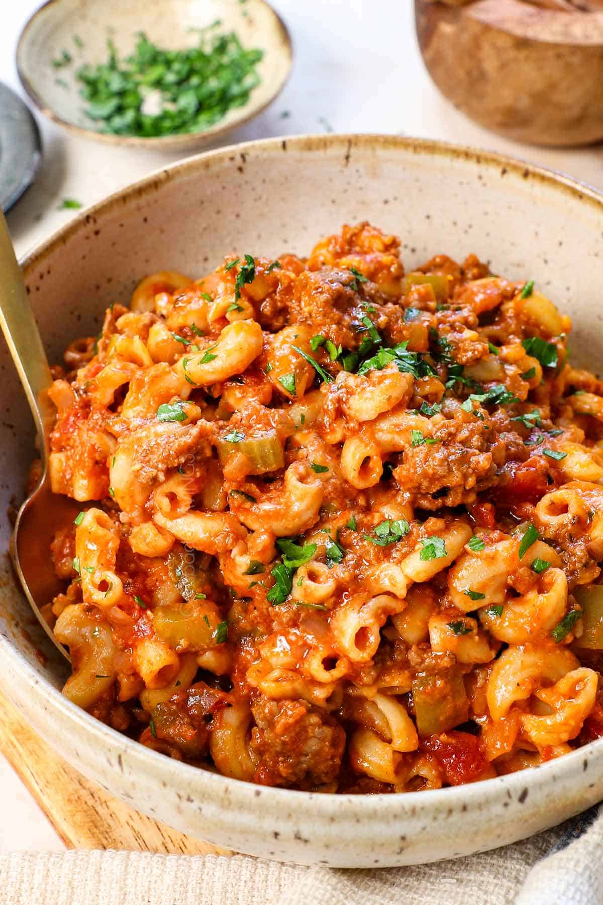 a bowl of chop suey recipe showing how meaty, cheesy, and saucy it is