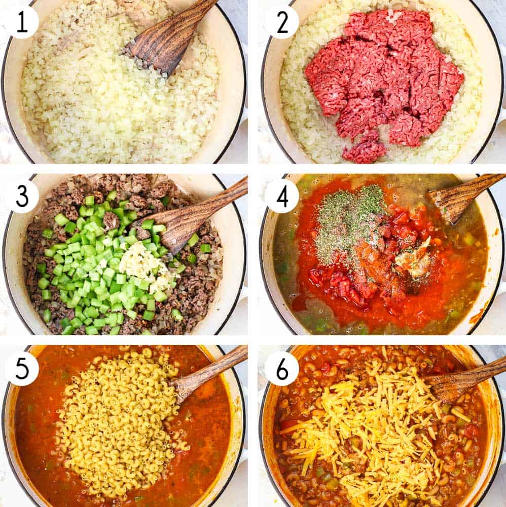 a 6 photo collage showing how to make American Chop Suey by 1: sauteing the onions, 2: browning the beef, 3: adding the bell peppers, celery, and garlic, 4: adding the beef broth, diced tomatoes, marinara, Worcestershire, and Dijon, 5: adding the pasta and boiling, 6: stirring in the cheese