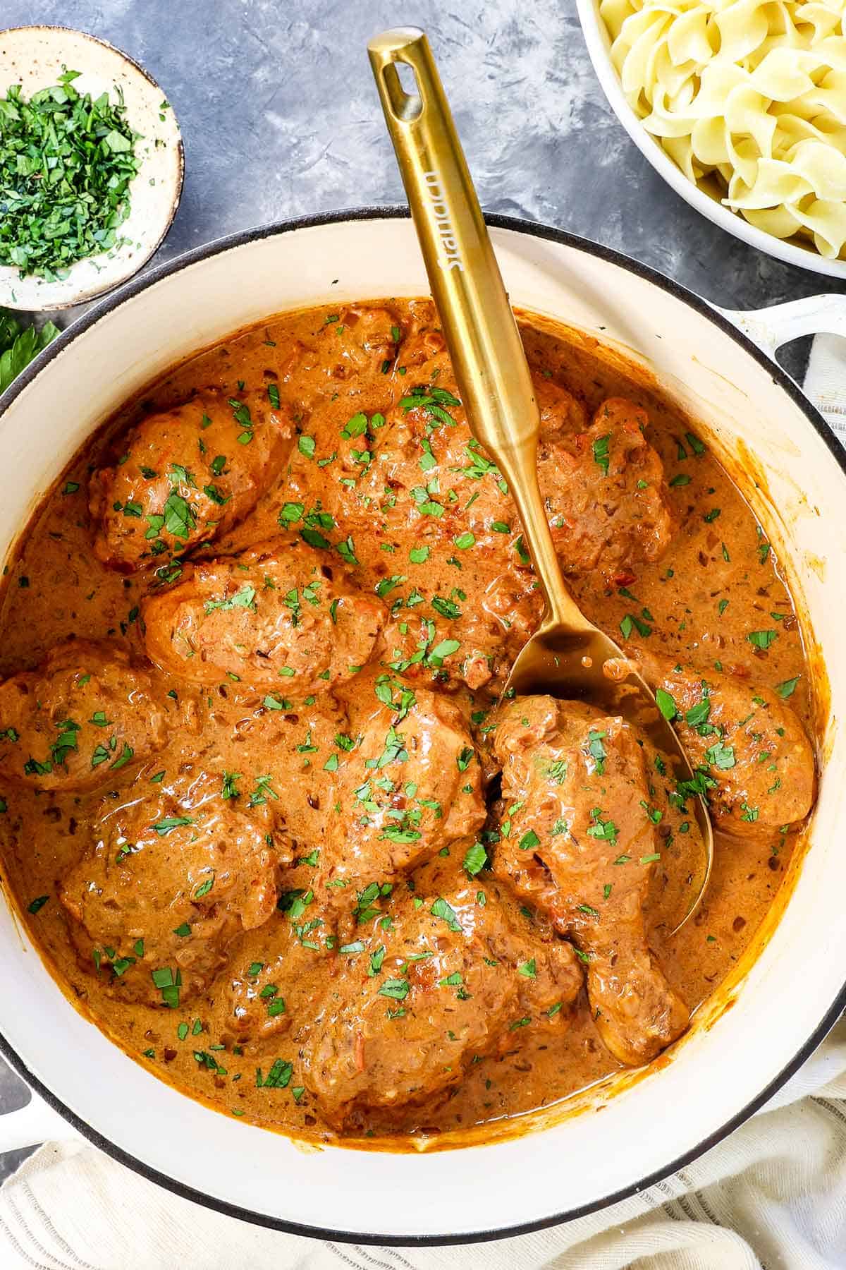 top view of chicken paprikash in a dutch oven