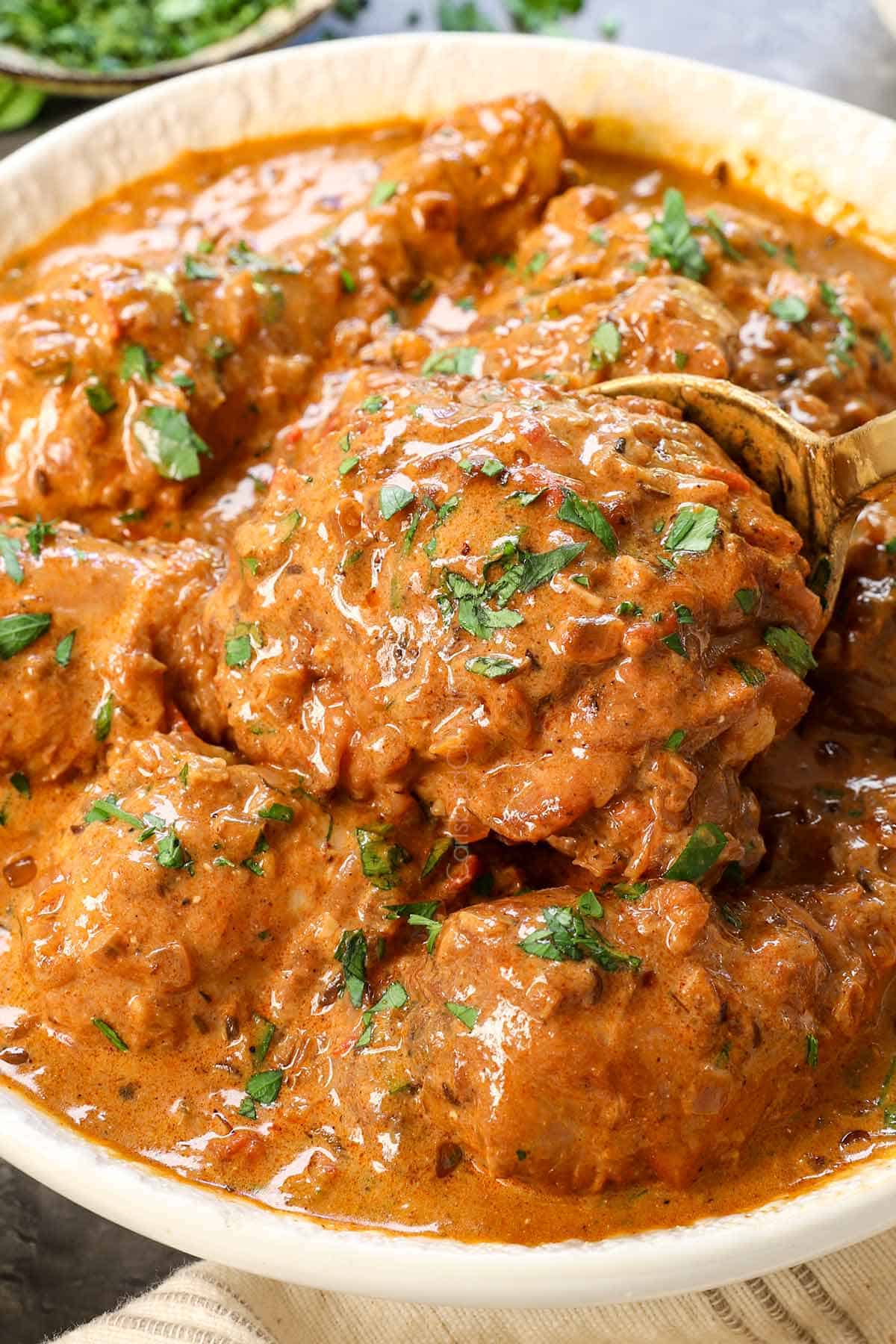 a spoon picking up chicken paprikash showing how saucy it is