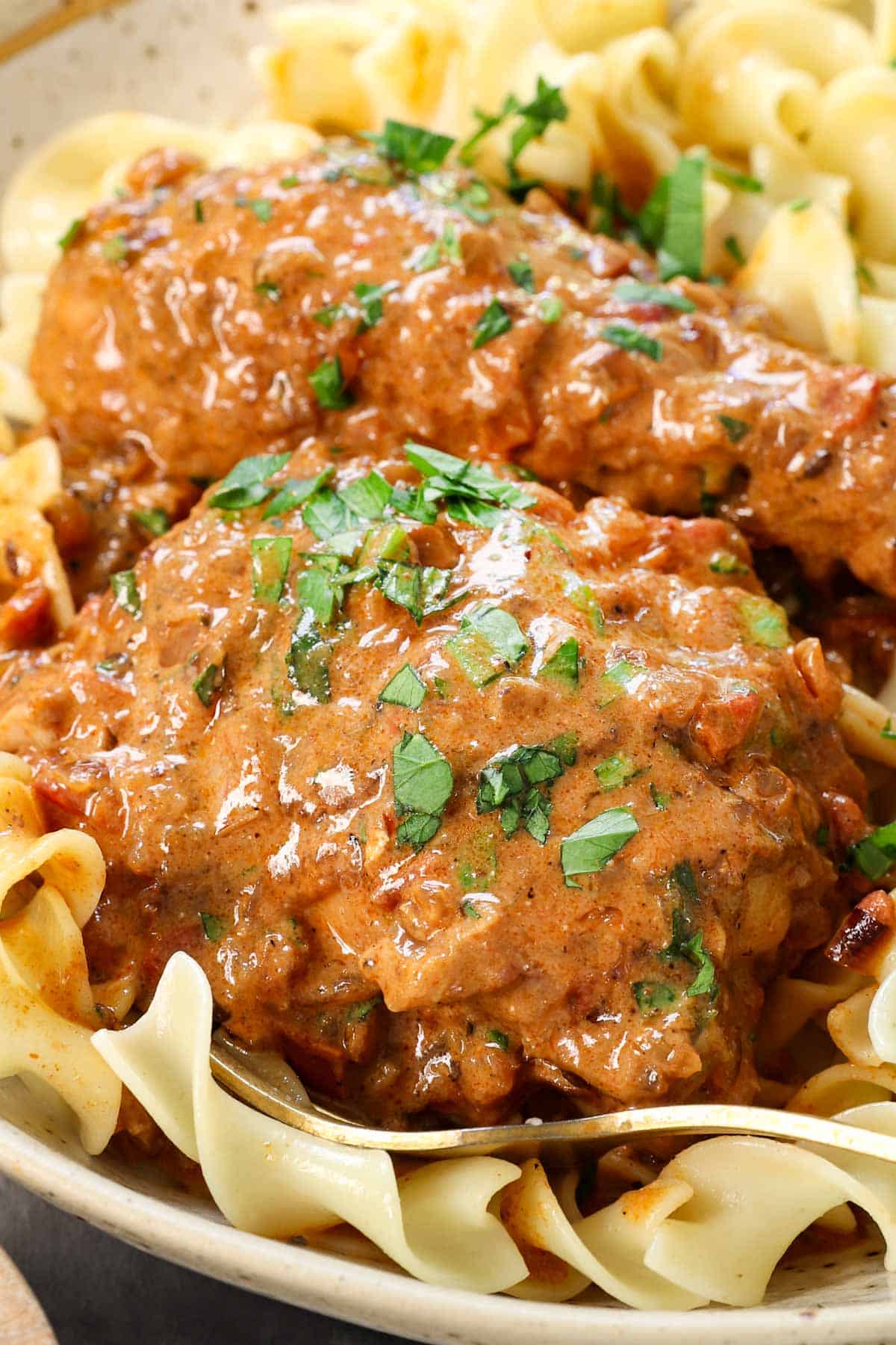 serving chicken paprikash recipe with egg noodles garnished with parsley