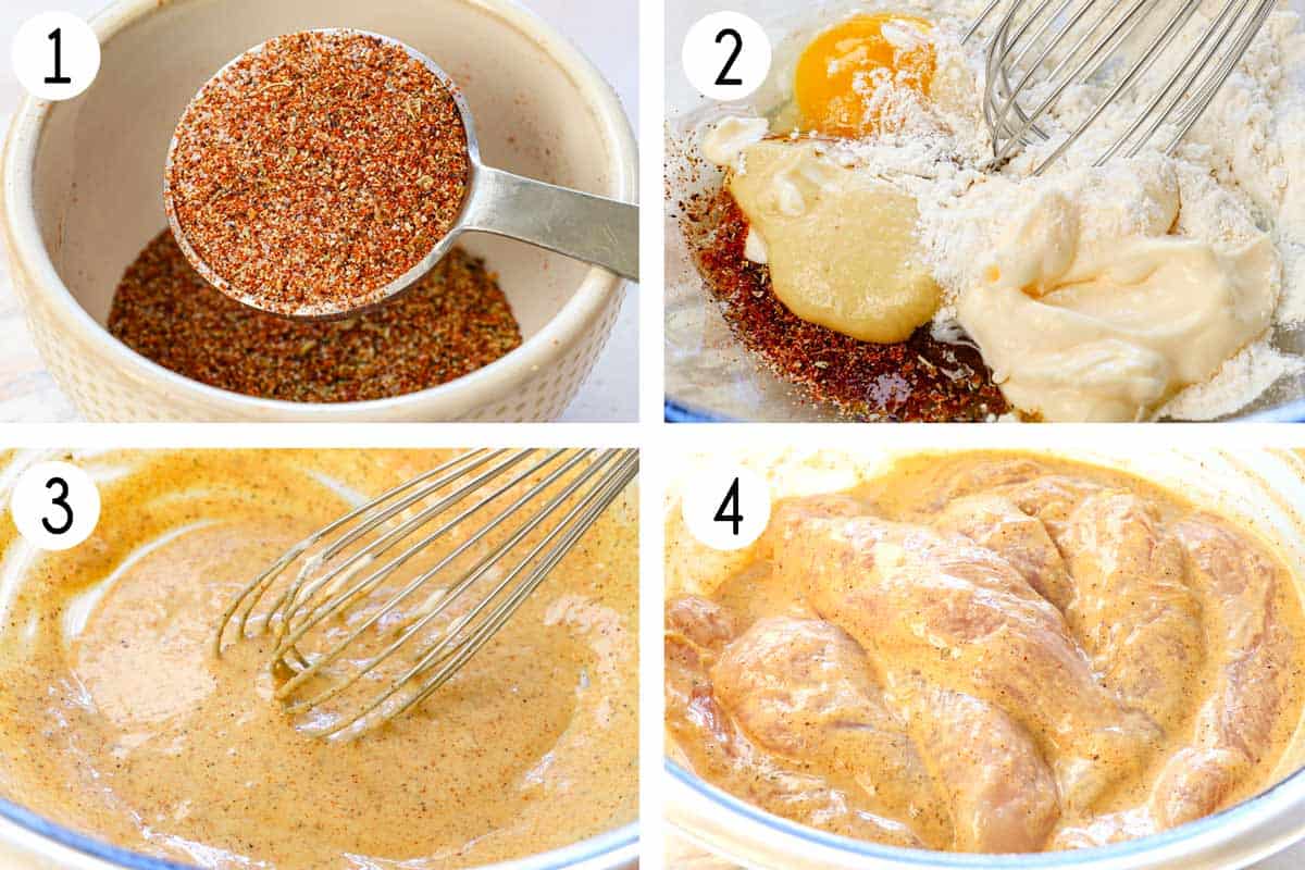 A collage showing how to make chicken strips by whisking the spices together, then adding some of the spices to a bowl and whisking in the egg, mayonnaise, Dijon, flour to create a batter, then adding the chicken tenderloins and turning to coat