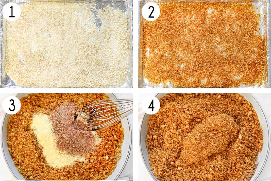 A collage showing how to make chicken strips by toasting the panko until golden and toasted, then mixing the toasted panko with the cornmeal and spices, then breading the chicken tenderloins in the panko mixture