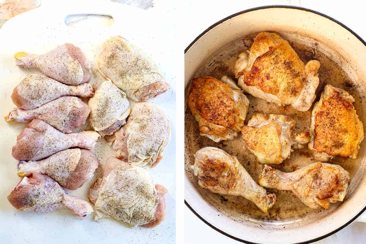 showing how to make chicken paprikash by seasoning the chicken with salt and pepper, then searing until golden in a Dutch oven