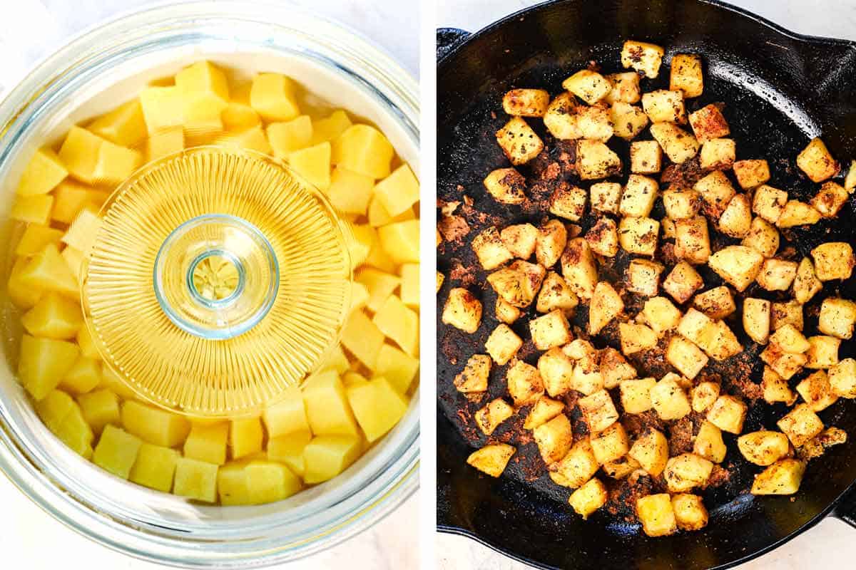 showing how to make ground beef and potatoes by par-cooking the potatoes in the microwave the, searing in a skillet to get a great char