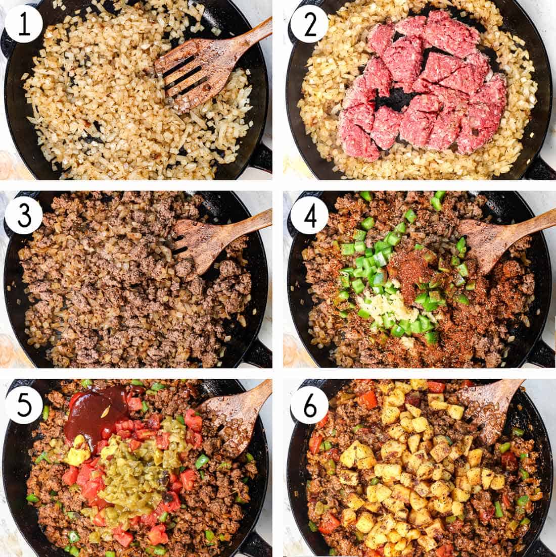 a collage showing how to make ground beef and potatoes by: 1: sauteing the onions, 2: searing the beef, 3: adding the bell peppers, spices and garlic and cooking, 4: adding the ketchup, barbecue sauce, mustard, green chiles, then adding the potatoes